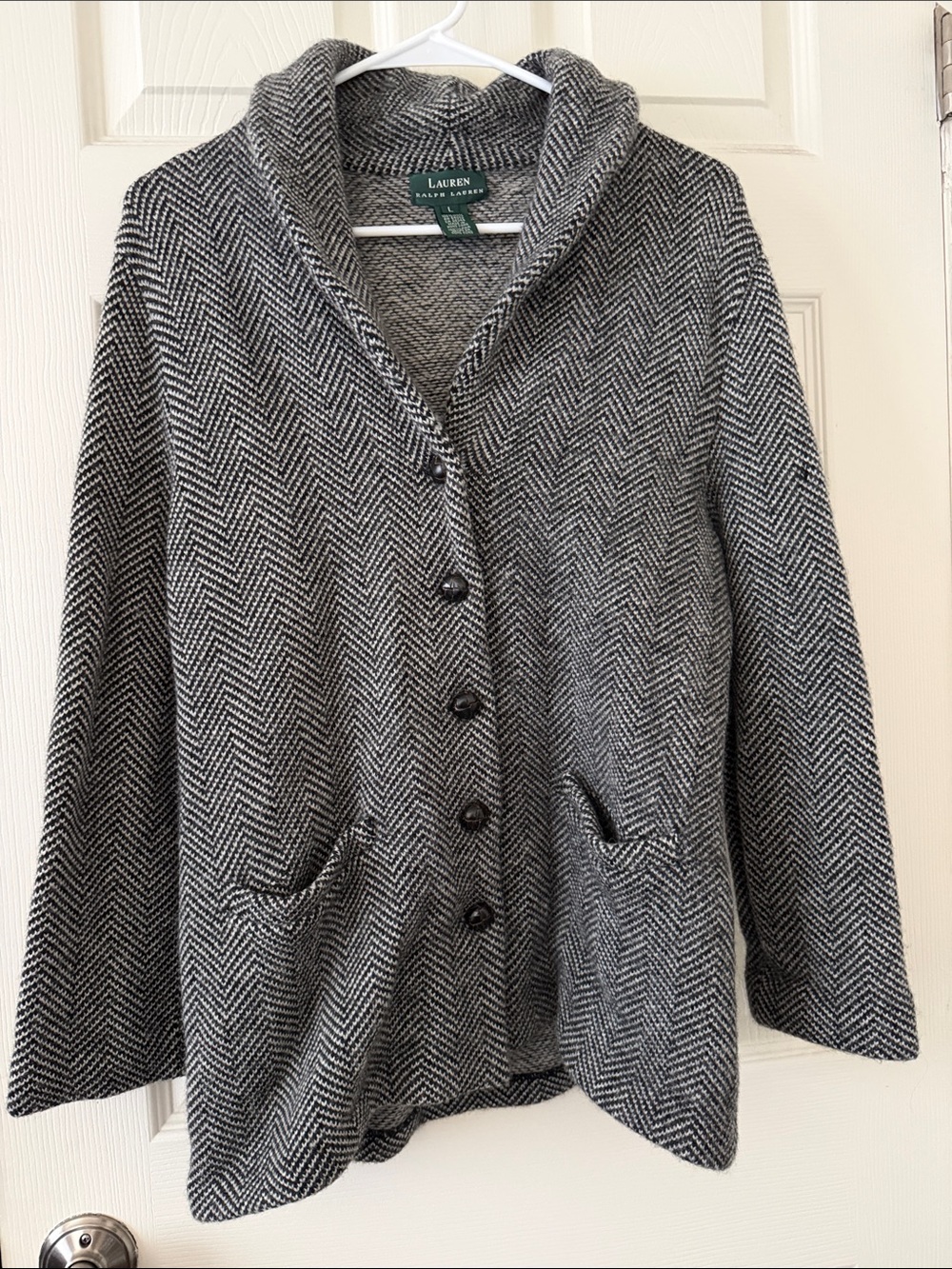 Lauren Ralph Lauren Black/White Herringbone Wool Button Front Blazer Women’s L